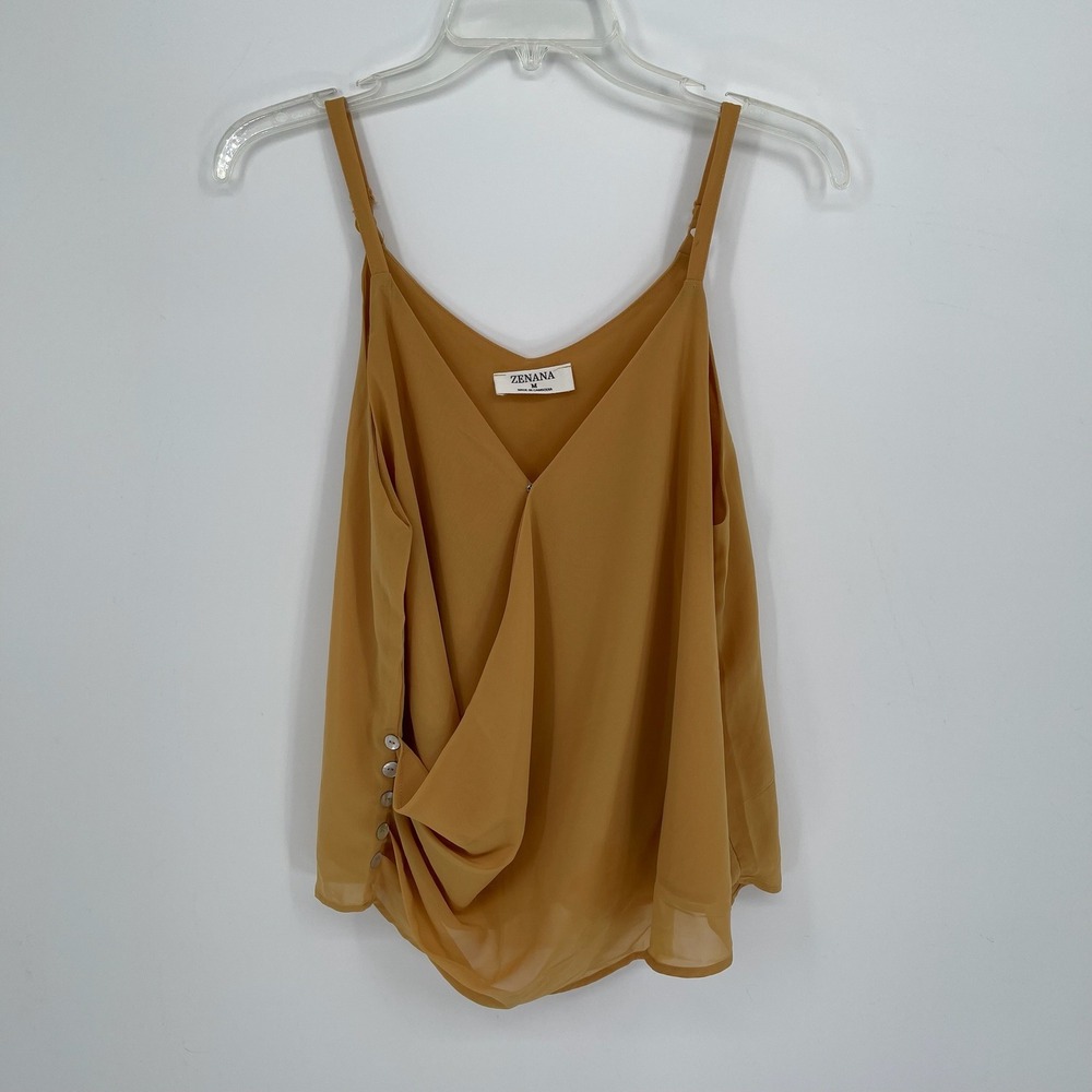 Zenana Women's Mustard Yellow Draped V-Neck Faux Wrap Camisole Tank Top Size‎ M